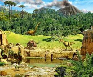 пазл Несколько динозавров с извержением вулкана в фоновом режиме